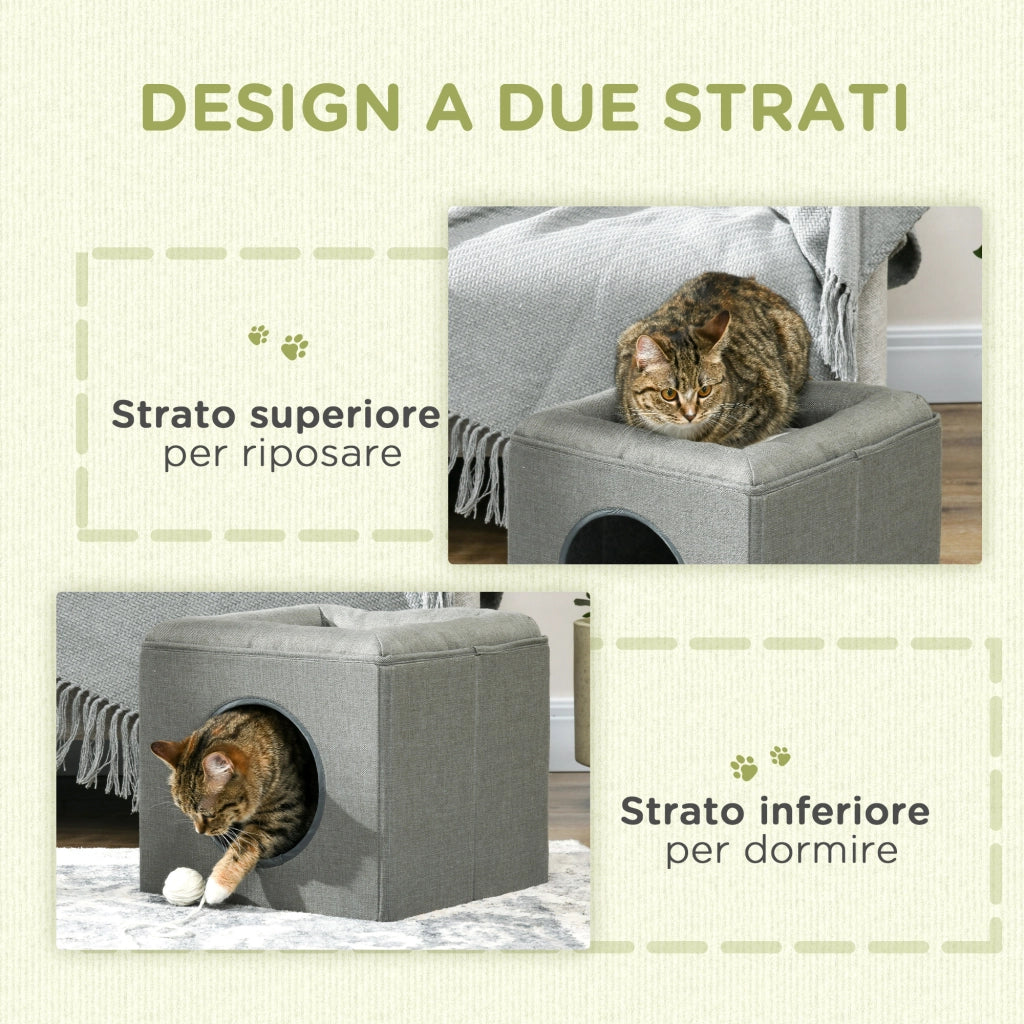 Cuccia a Casetta per Gatti a 2 Livelli 36,5x36,5x33 cm con Cuscino in Peluche in MDF e Poliestere Verde