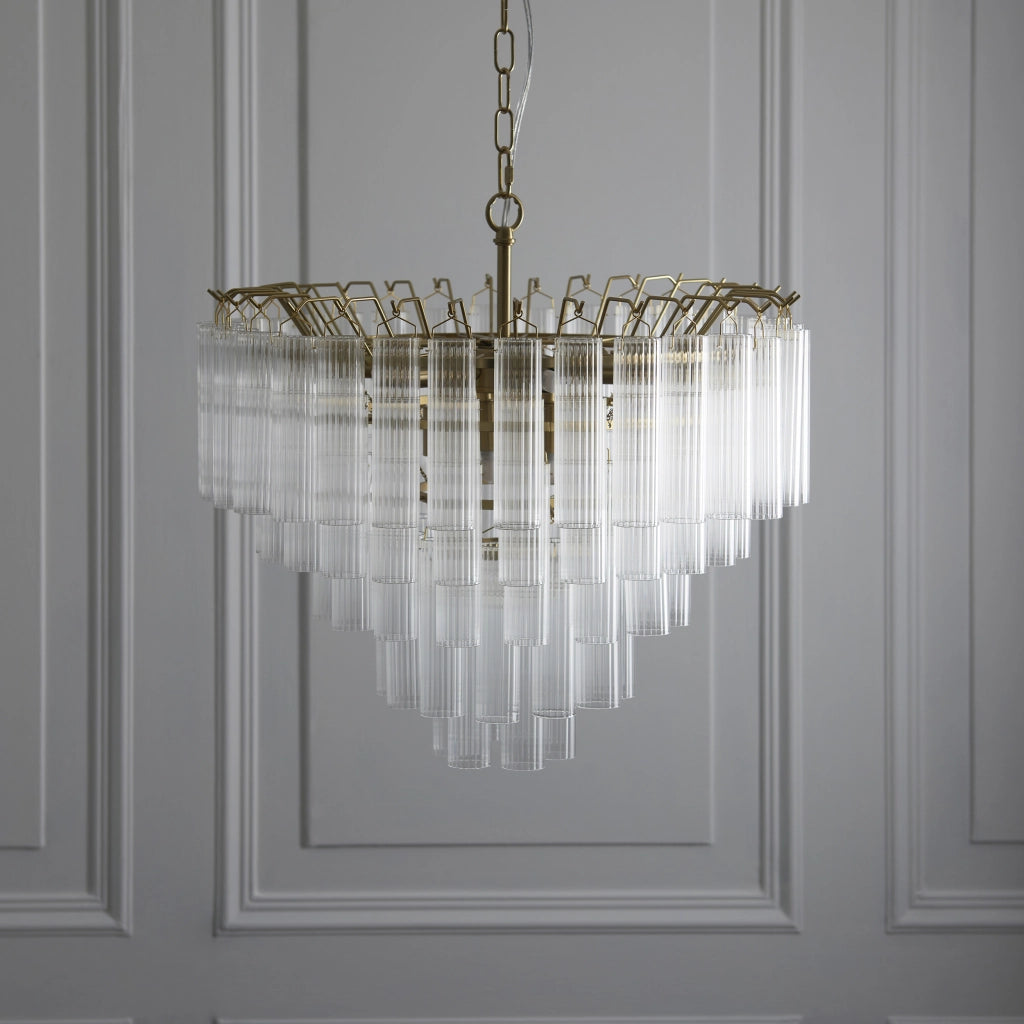 Lampadario TOULOUSE glamour ottone satinato vetro rigato 12xG9
