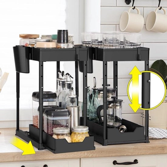Cassetta per cucina sotto il lavello - 2 livelli cassetta per contenitori scorrevoli per cucine - bagni e spazi chiusi - nero
