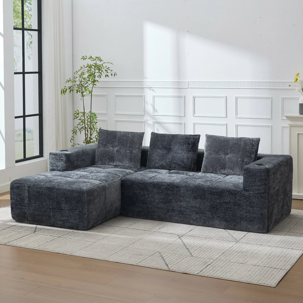 Divano angolare con portabevande e seduta profonda per 4-5 posti, per soggiorno, appartamento e ufficio, in ciniglia grigio 258 cm