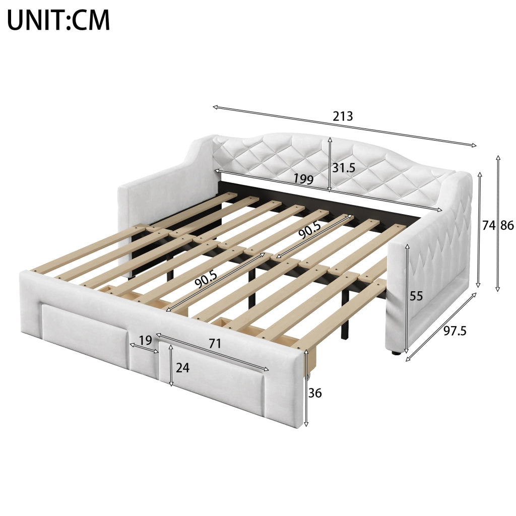 Letto imbottito - Zephmum- 90x200-180x200 cm - Bianco - Con due cassetti e illuminazione LED