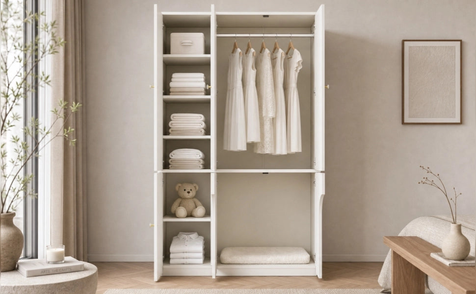 Armadio guardaroba a 3 ante con barra appendiabiti e ripiani, design ad arco, bianco, 120 × 50 × 200 cm