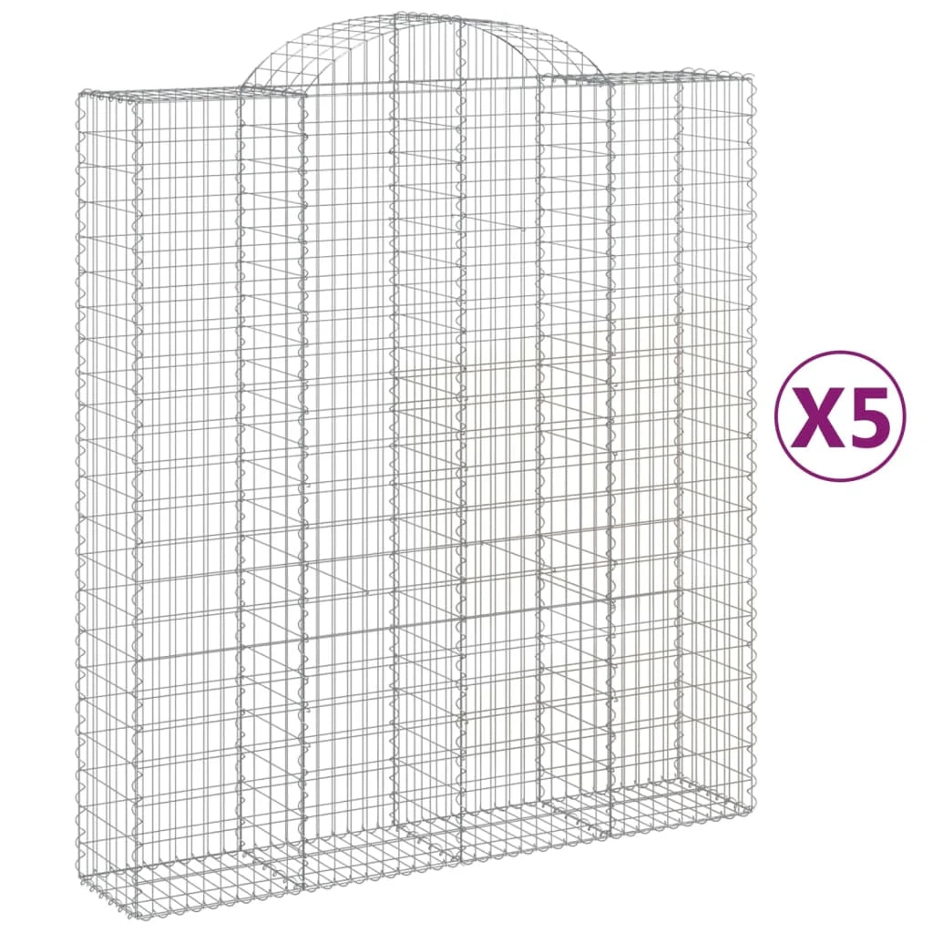 Cestini gabbioni recinzione a gabbia muro di contenimento ad arco 5 pezzi 200 x 50 x 220/240 cm ferro zincato argento 02_0040896