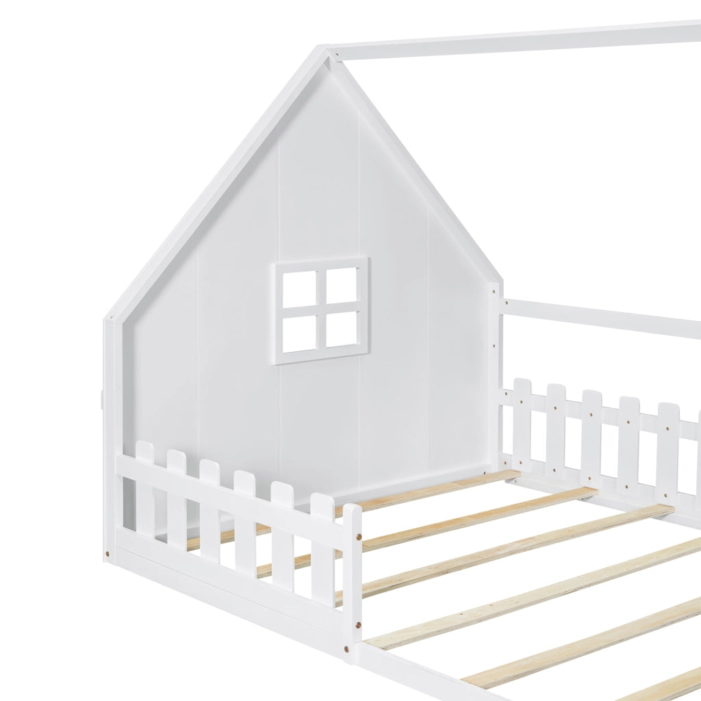 Letto a Casetta 140×200 cm; Letto Singolo con Sponda; per Bambino; senza Materasso; in Pino e MDF; Bianco