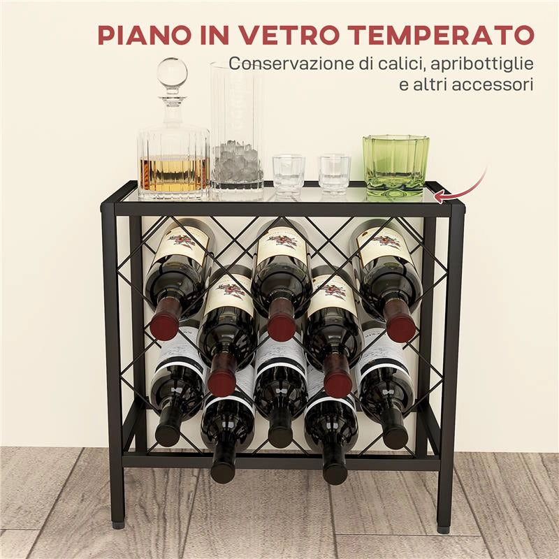 PORTABOTTIGLIE VINI PER 10 BOTTIGLIE IN ACCIAIO NERO CON PIANO D'APPOGGIO IN VETRO TEMPERATO 41X22X41 CM