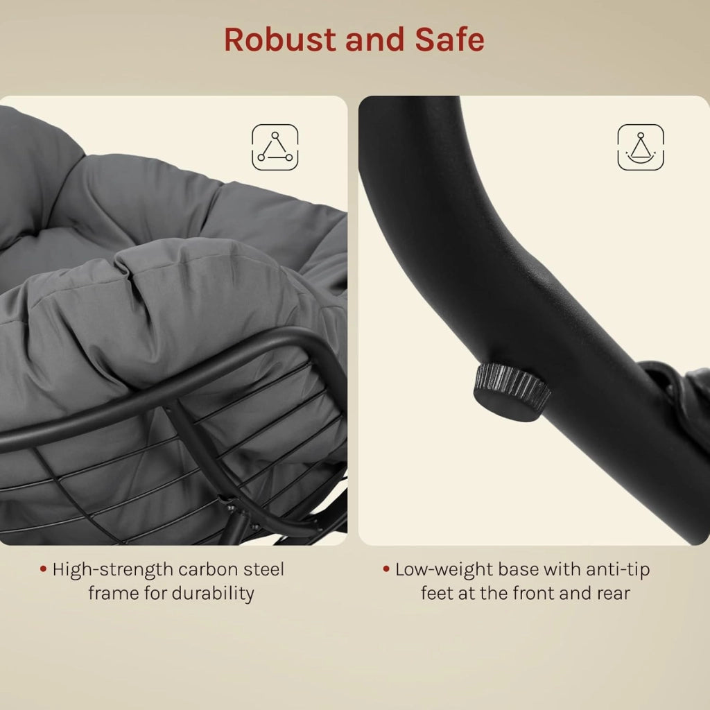 Sedia a Dondolo a Forma di Uovo, Poltrona Relax con Gambe Curve, Struttura in Metallo e Cuscino in Poliestere, Portata 150 kg, per Salotto e Balcone, Grigio Scuro