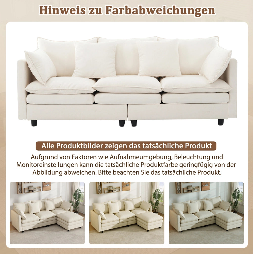 Divano angolare 3 posti in ciniglia beige con chaise longue mobile, 212x150x90 cm