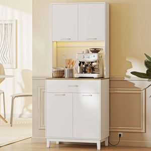 Credenza Moderna 71x40x180 cm con Luci LED Prese Elettriche e USB 2 Armadietti e Cassetto Bianco