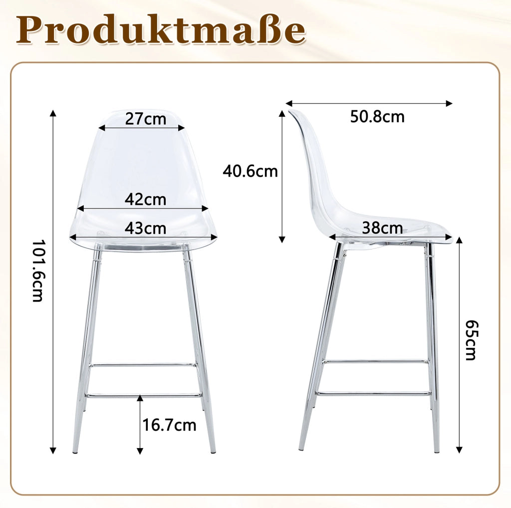 Set di sgabelli da bar trasparenti con struttura in metallo argento