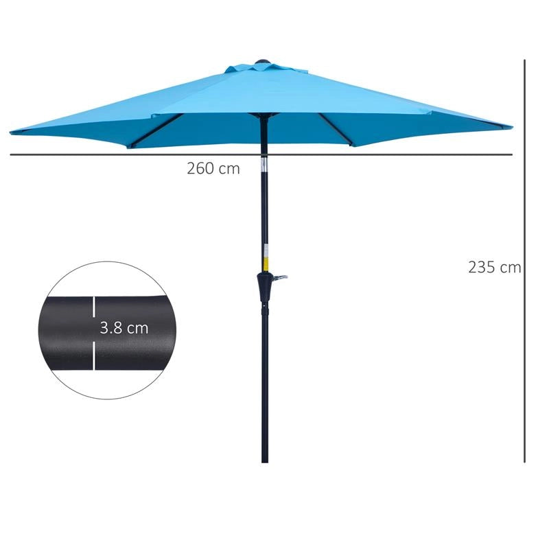 OMBRELLONE DA GIARDINO Ø 2.6X2.4 M CON MANOVELLA E TESTA INCLINABILE IN ALLUMINIO E POLIESTERE BLU