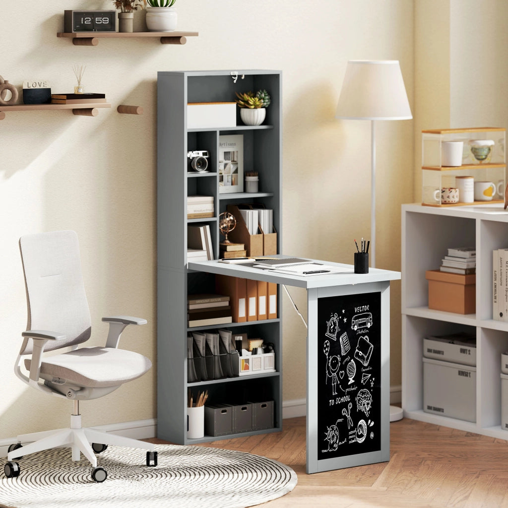 Scrivania PC Pieghevole con Libreria 9 Ripiani ¨C Zephmum ¨C Legno e Metallo Grigio 98x51x153 cm