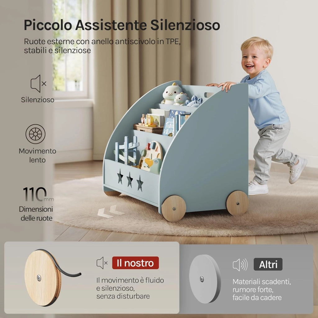 Libreria Piccola in Legno per Bambini, Scaffale Porta Giochi con Contenitore e Ruote, Organizzatore per Cameretta, Grigio 62x42x57cm