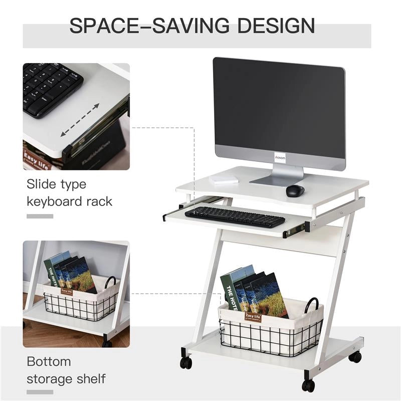 TAVOLO SCRIVANIA PORTA PC PIANO TASTIERA A SCOMPARSA E 4 RUOTE BIANCO