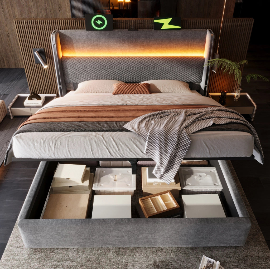 Letto contenitore idraulico con testiera alta; 140x200 cm; in lino grigio; con materasso