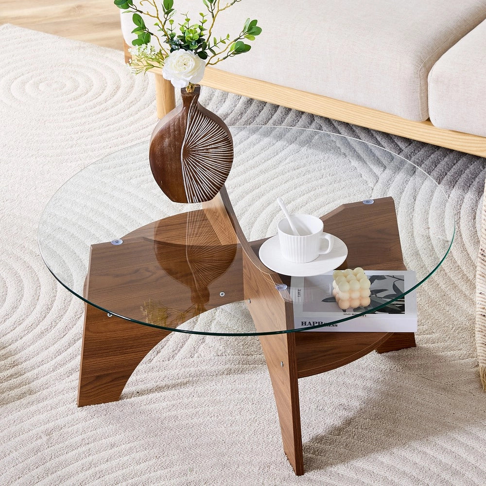 Tavolino Rotondo in Vetro Temperato ¨C MINIMAL ¨C Piano ?80 cm, Gambe MDF Effetto Noce