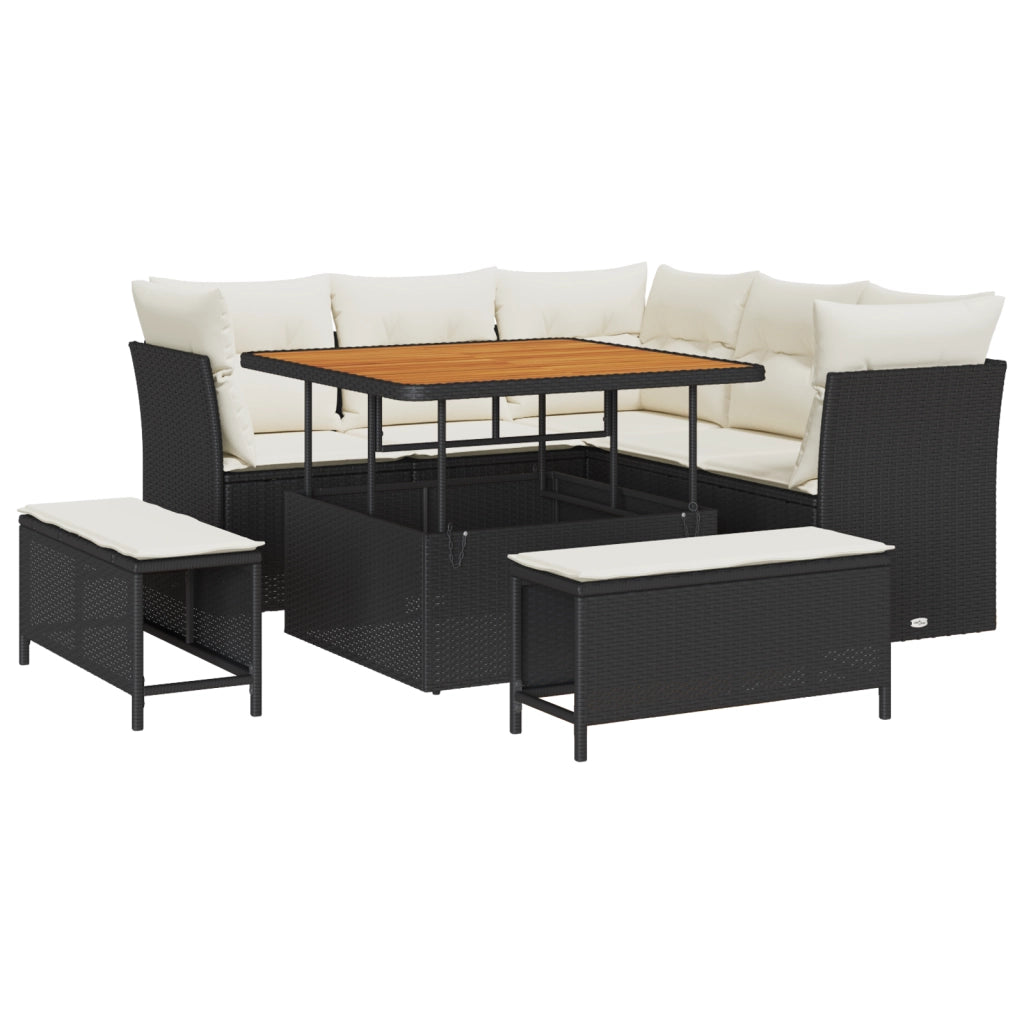 Set Divano da Giardino da 8 Pezzi con Cuscini Nero Polyrattan Acacia