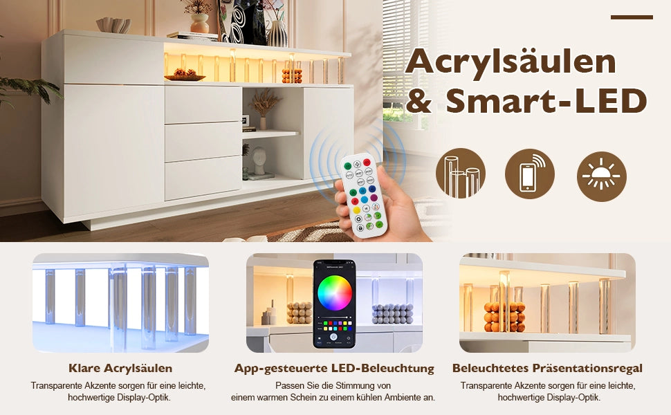 Credenza con LED, 4 cassetti, 2 ante e ripiani regolabili, per soggiorno cucina e ingresso, 160 × 40 × 75 cm