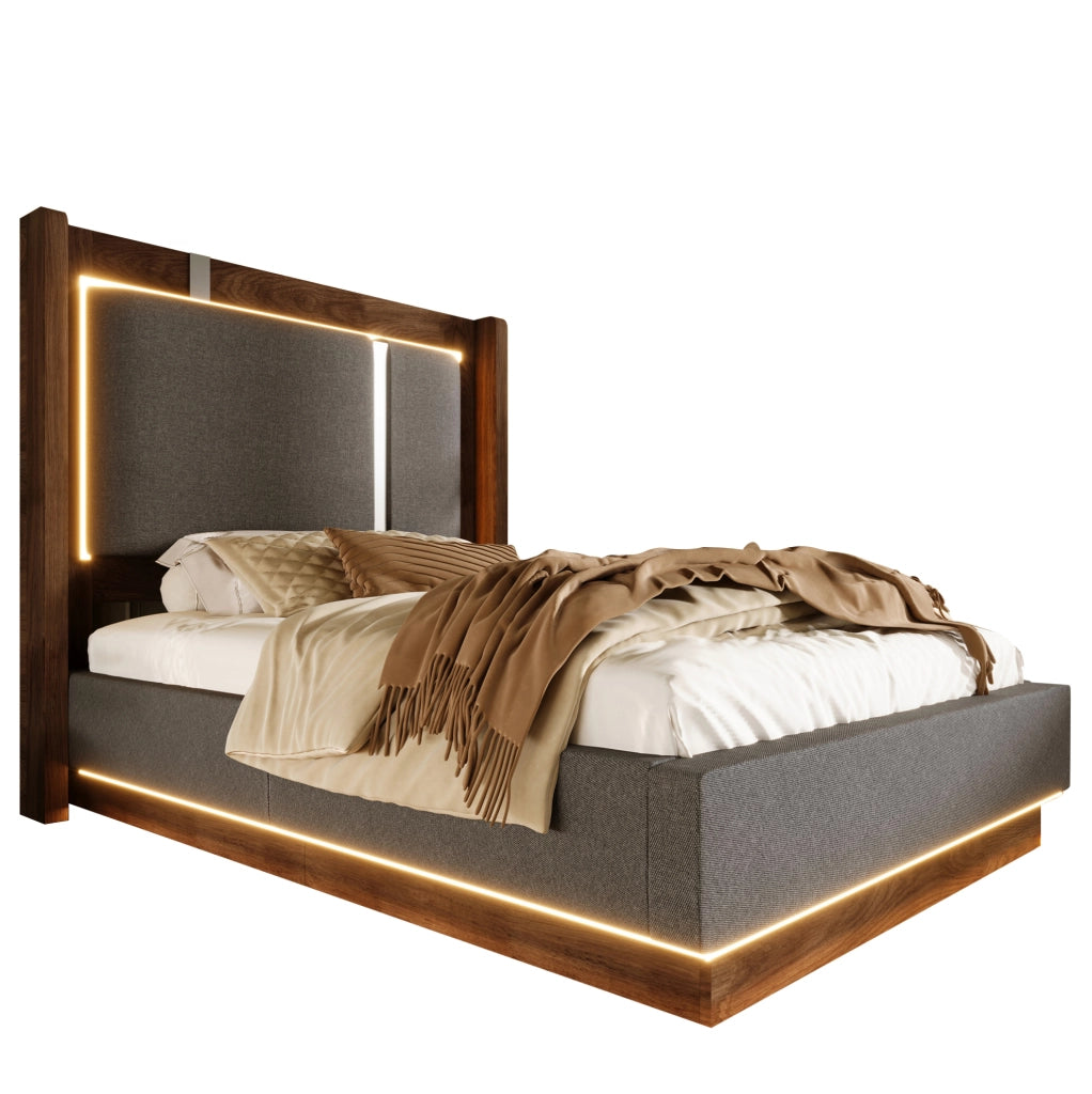 Letto imbottito 90x200 cm con LED; contenitore sollevabile e rete; grigio e noce