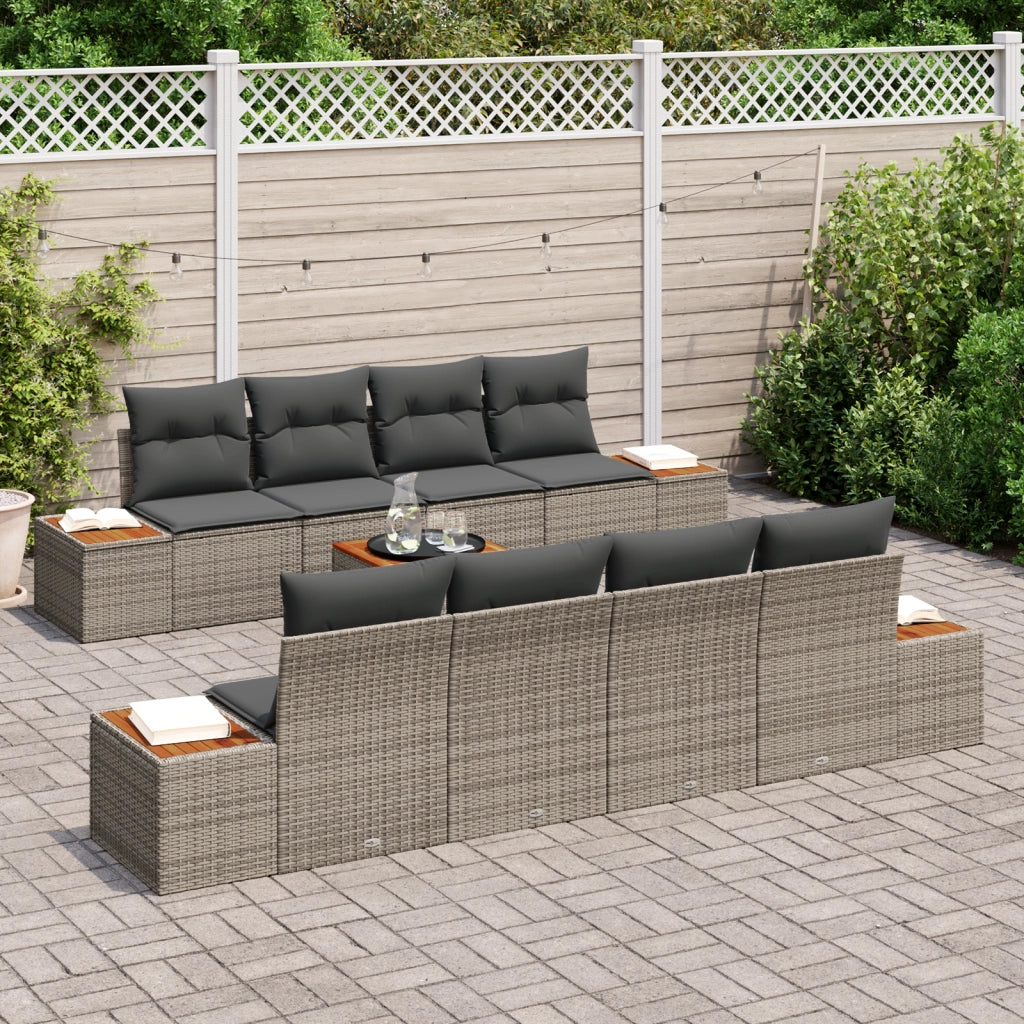 Set di Divani da Giardino 9 Pezzi con Cuscini Grigio Rattan Acacia