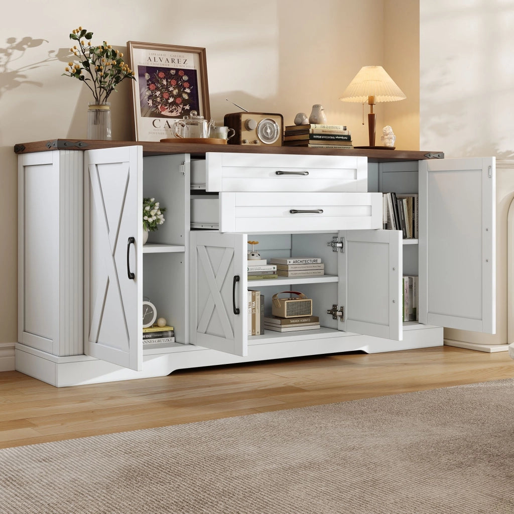 Credenza da sala da pranzo, 4 ante, 2 cassetti, mobile da salotto, mobile contenitore, finitura effetto legno, bianco, 160 x 39 x 81.5 cm