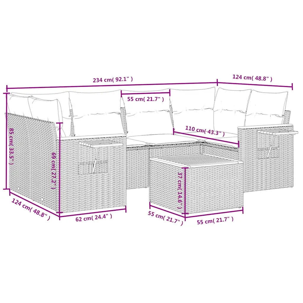 Set Divani da Giardino 7 pz con Cuscini Grigio in Polyrattan