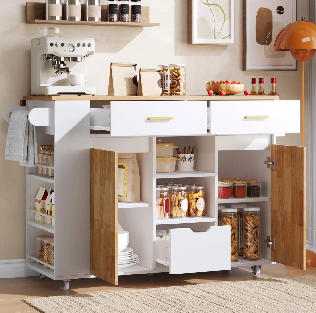 Isola cucina mobile con piano pieghevole; 3 cassetti; ripiani laterali e ruote bloccabili; 120x45(71)x90 cm