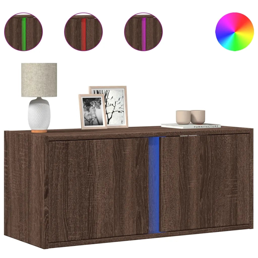 Mobile TV a Parete con Luci LED Rovere Marrone 80x31x35 cm 852263