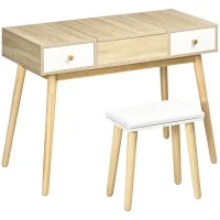 Tavolo da Trucco Moderno con Specchio Estraibile, Organizer Gioielli, 2 Cassetti e Sgabello, Color Legno