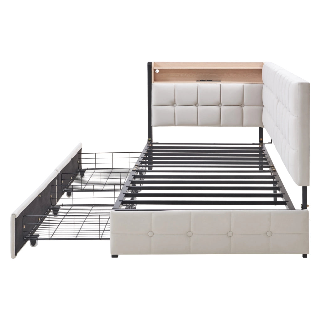 Divano letto imbottito 90x200 cm con 2 cassetti, LED, USB e Type-C, beige