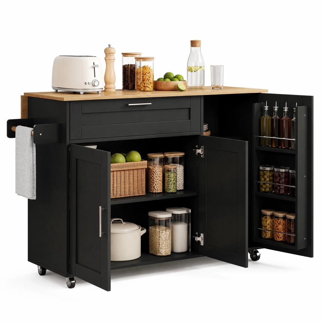 Isola da cucina mobile pieghevole 132;5x44(70)x90 cm in MDF Nero/Naturale