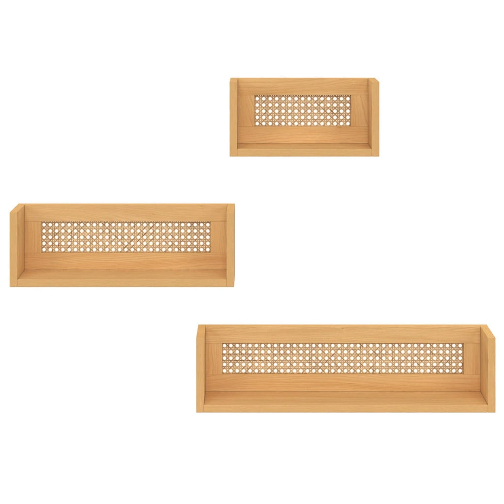 IDMarket - Set di 3 mensole da parete EDHEN in legno e canna 60/45/30 cm