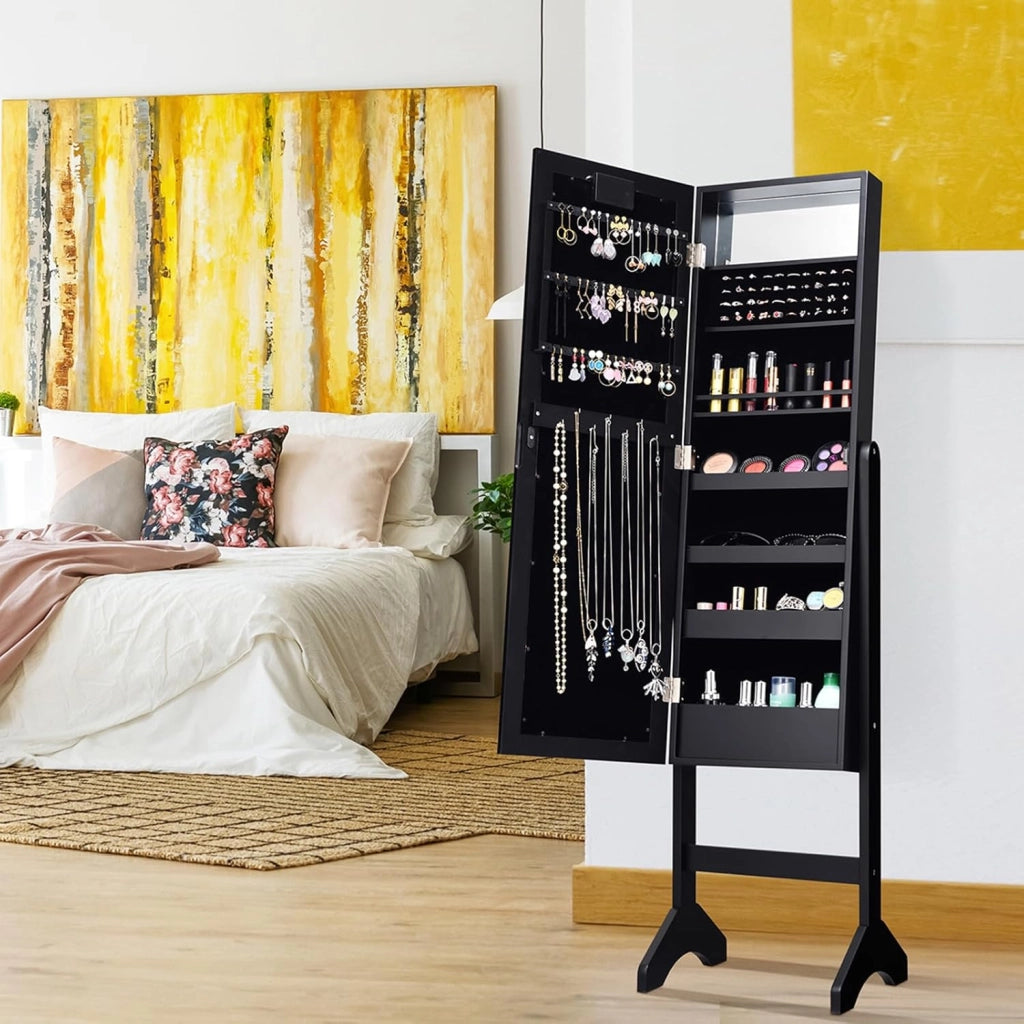 Portagioie Armadietto Specchiera con 18 Luci LED, Specchio a Figura Intera, Organizer per Gioielli Moderno Elegante, 145x35x31,5cm (Nero)