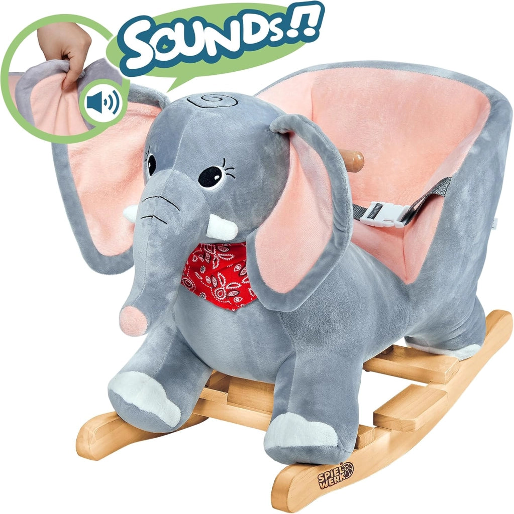 Elefante di Peluche a Dondolo in Legno con Suoni Cintura di Sicurezza Giochi Infanzia Bambini Giocattolo Regalo