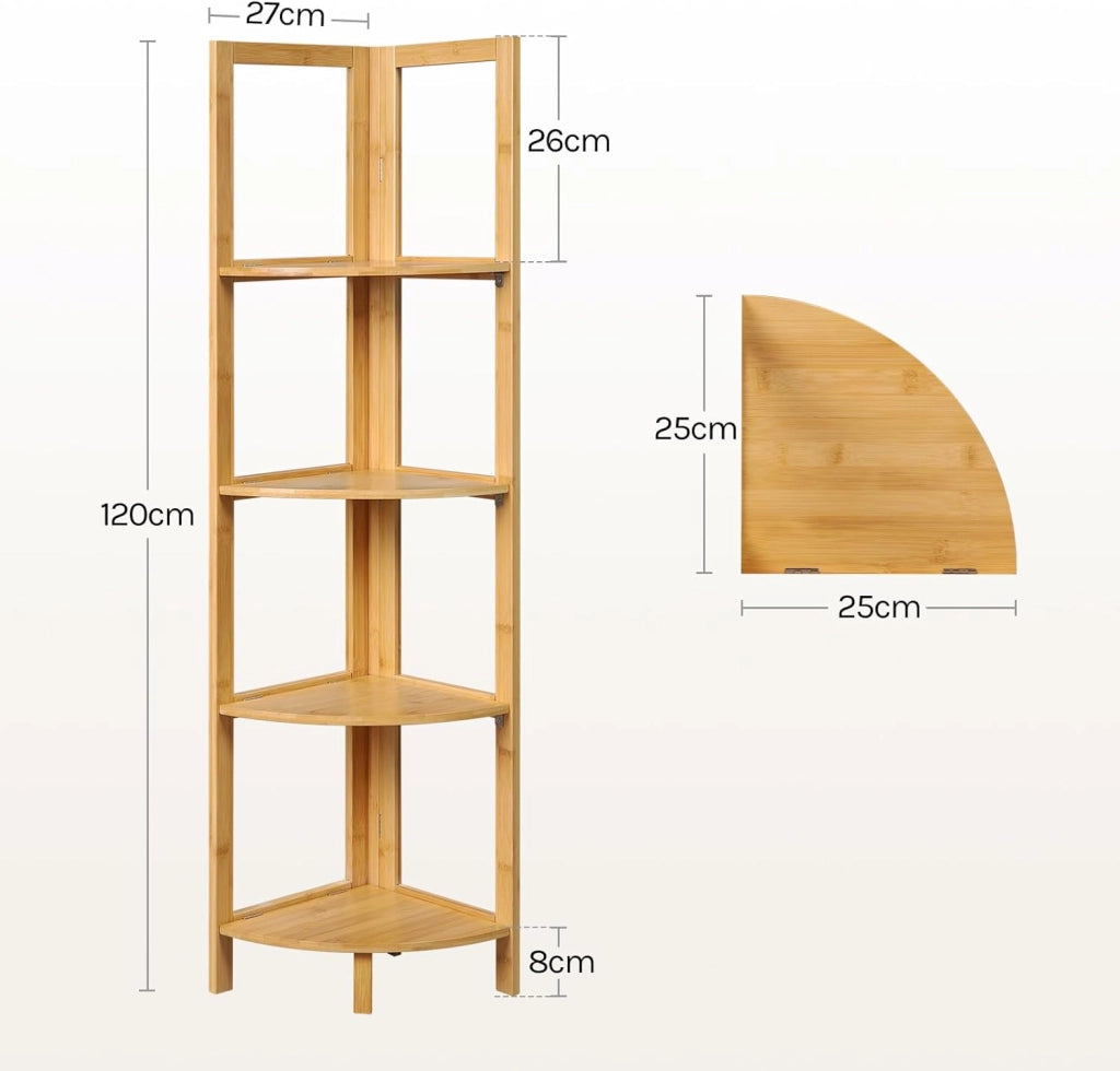 Mobiletto Bagno in Bambù a 4 Livelli, Scaffale Angolare Pieghevole, per Bagno, Cucina, Soggiorno, Bambù Naturale, 27x27x120 cm