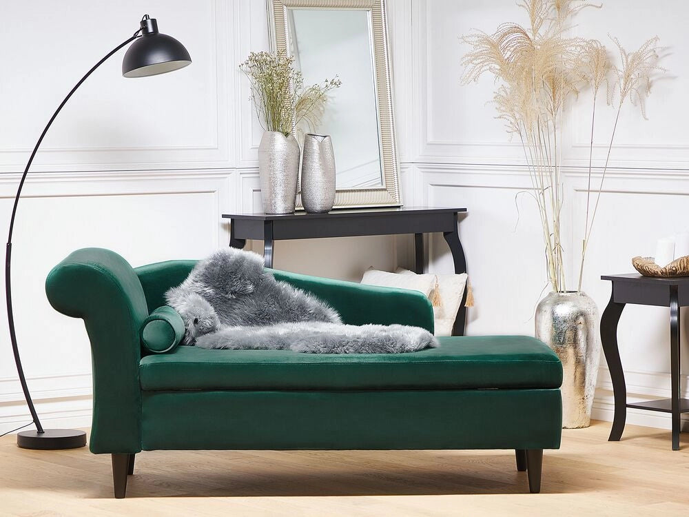 Chaise longue rivestimento in velluto verde con contenitore a versione sinistra con supporto