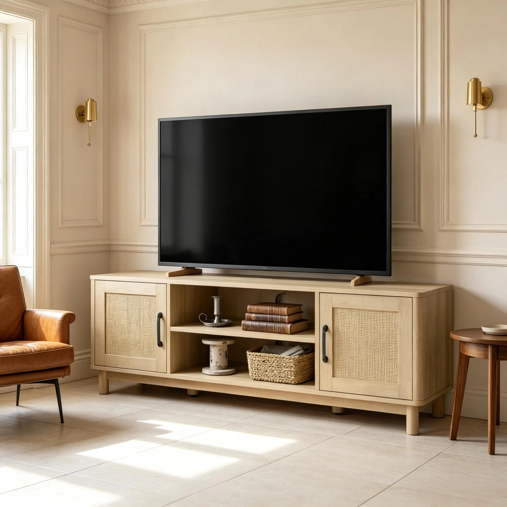 Mobile porta TV con vani aperti e ante laterali in truciolato rattan e pino per soggiorno rovere 135 × 39 × 45 cm