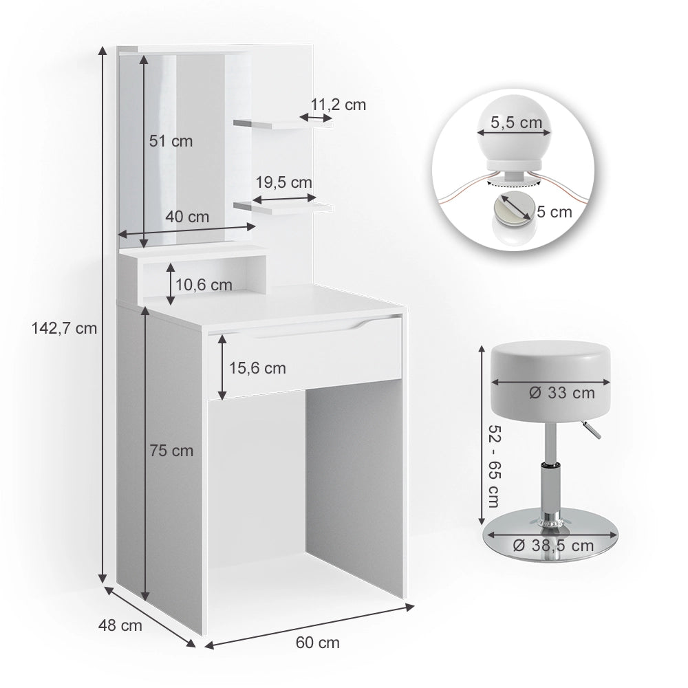 Vicco Tavolo da toeletta Bianco 60 cm con illuminazione LED e sgabello
