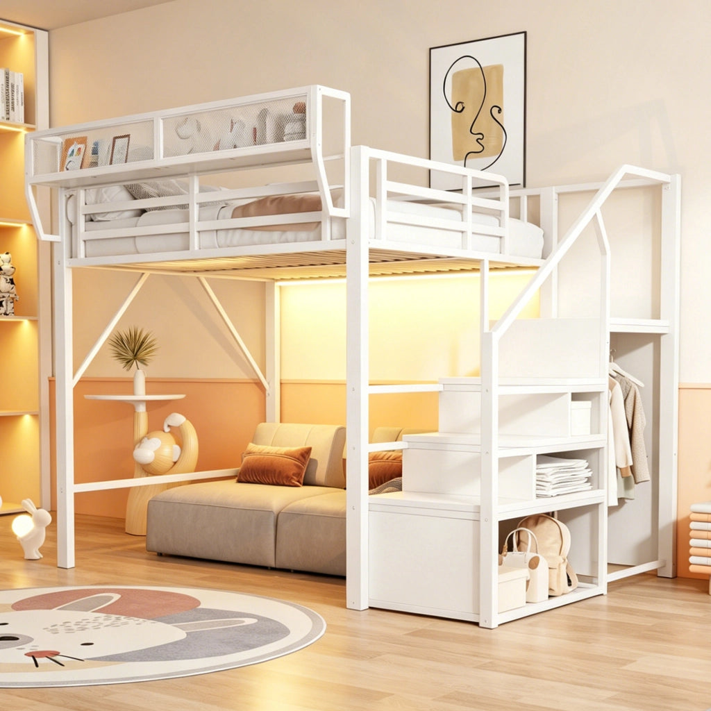 LETTO a soppalco 140x200 cm in metallo bianco con LED