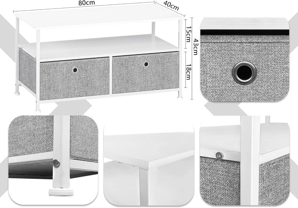 Tavolino da Salotto con 1 Ripiano 2 Cassetti Tavolino da Divano Rettangolare Aperto Tavolino da Caffè Tavolino porta TV Piccolo Metallo Struttura in Acciaio e Legno Mobile Moderno Bianco e Grigio