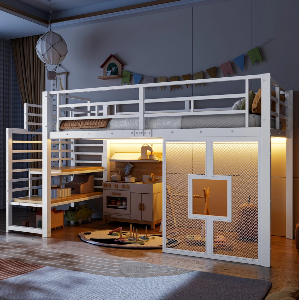Letto a soppalco 90x200 cm in metallo e MDF con scala LED