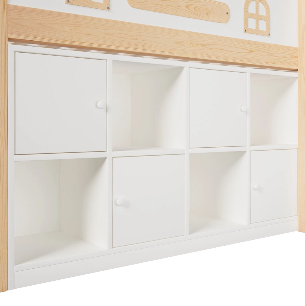 Letto semialto 90x200 cm con lavagna; vani contenitore e scala; bianco e naturale