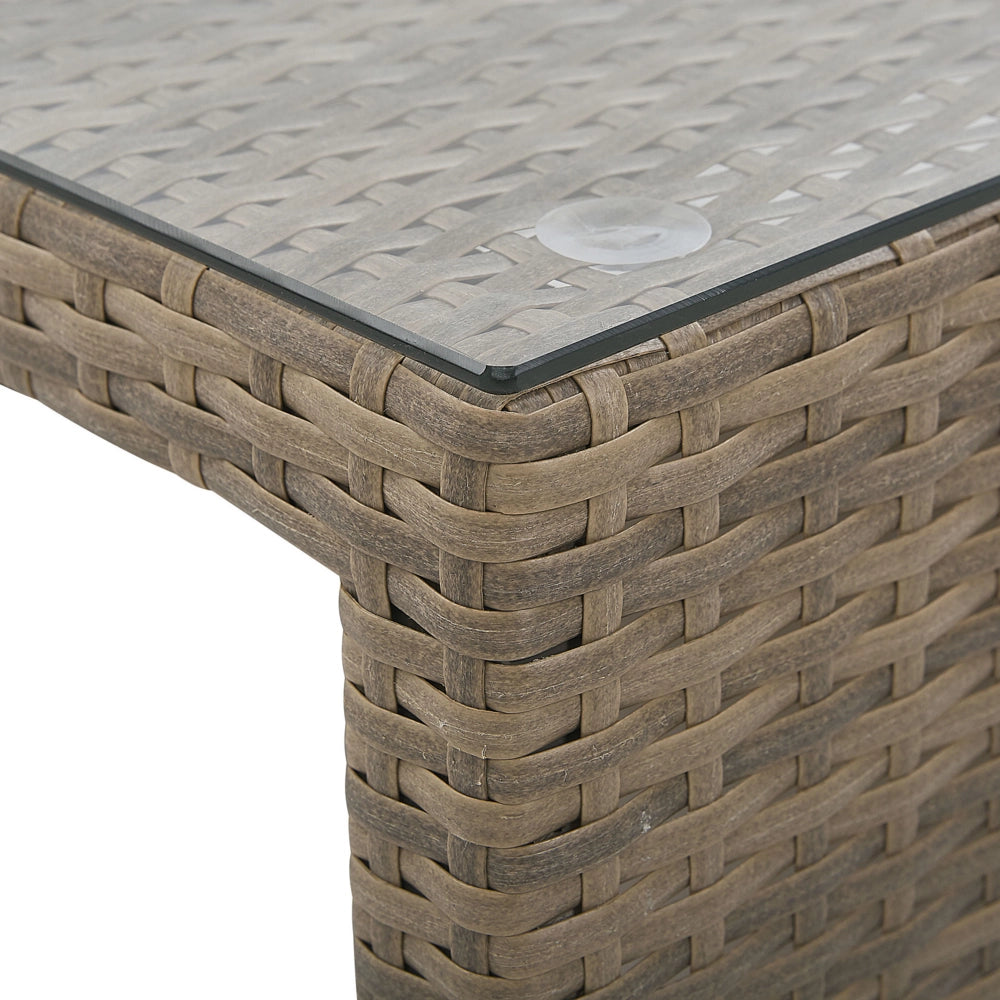 Divano da esterno Set divano a 3 posti in rattan sintetico marrone con tavolo e 2 cuscini bianchi ottomani