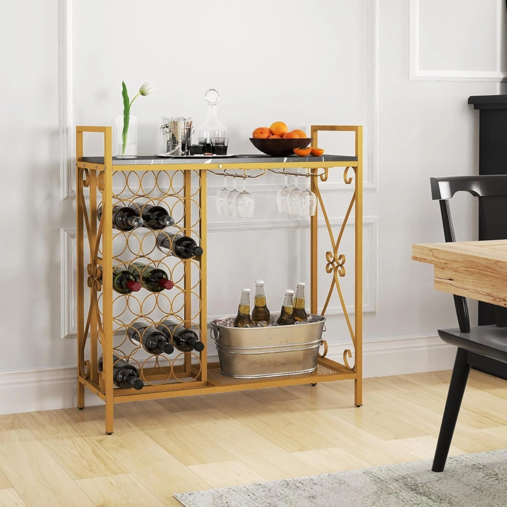 Portabottiglie per vino con mensola per 21 bottiglie e portabicchieri, piano ampio e ripiano inferiore, 93 x 38 x 102 cm, mobile ausiliario per bar, cantina, sala da pranzo (nero+oro)