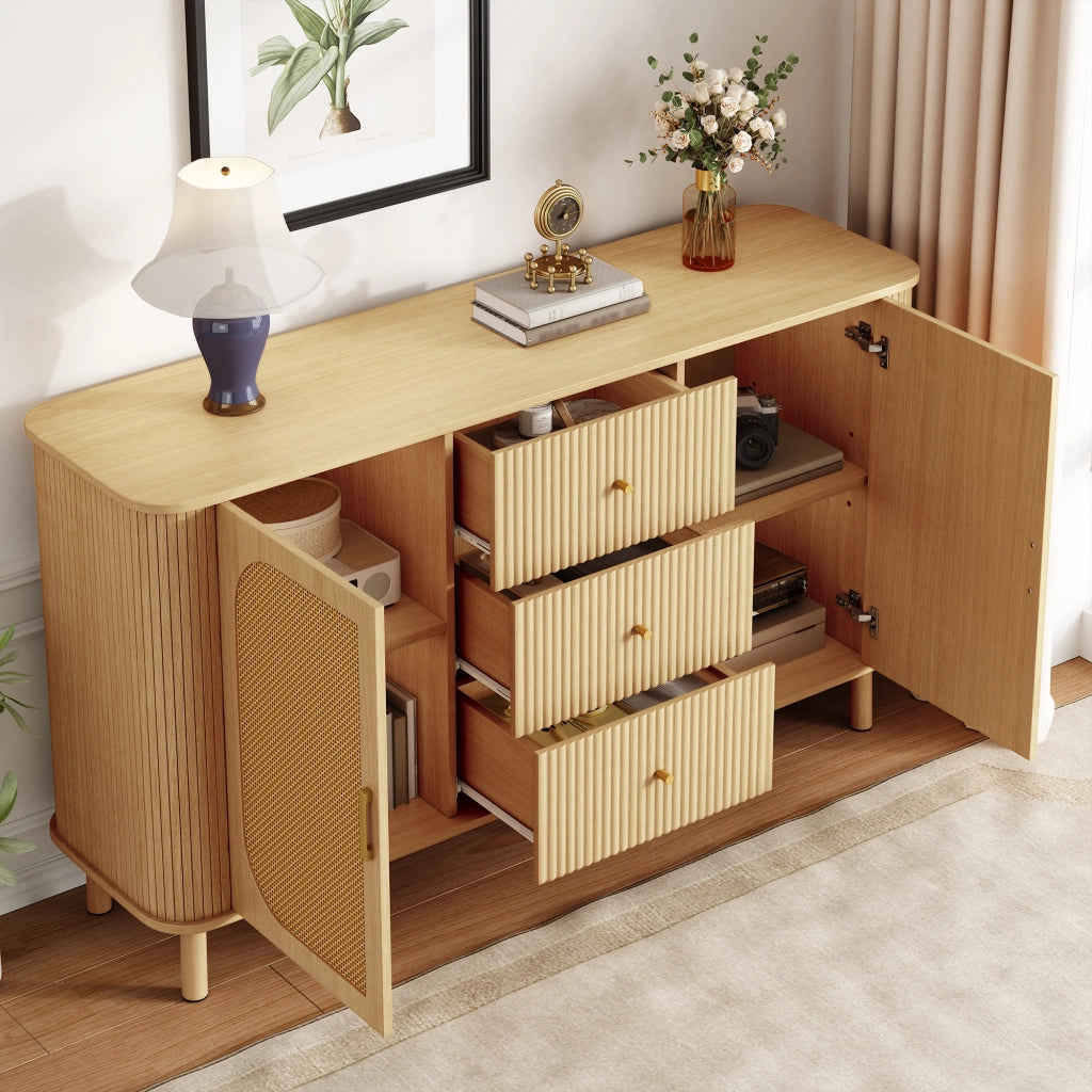 Madia con ante in rattan e cassetti ondulati gambe in metallo effetto legno colore naturale 140 × 40 × 80 cm