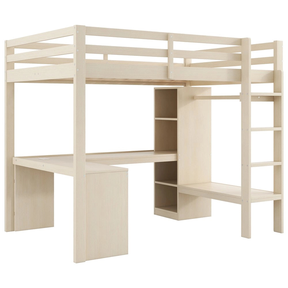 Letto a Soppalco con Scrivania, Ripiani, LED e USB ¨C MINIMAL ¨C 140x200, Naturale