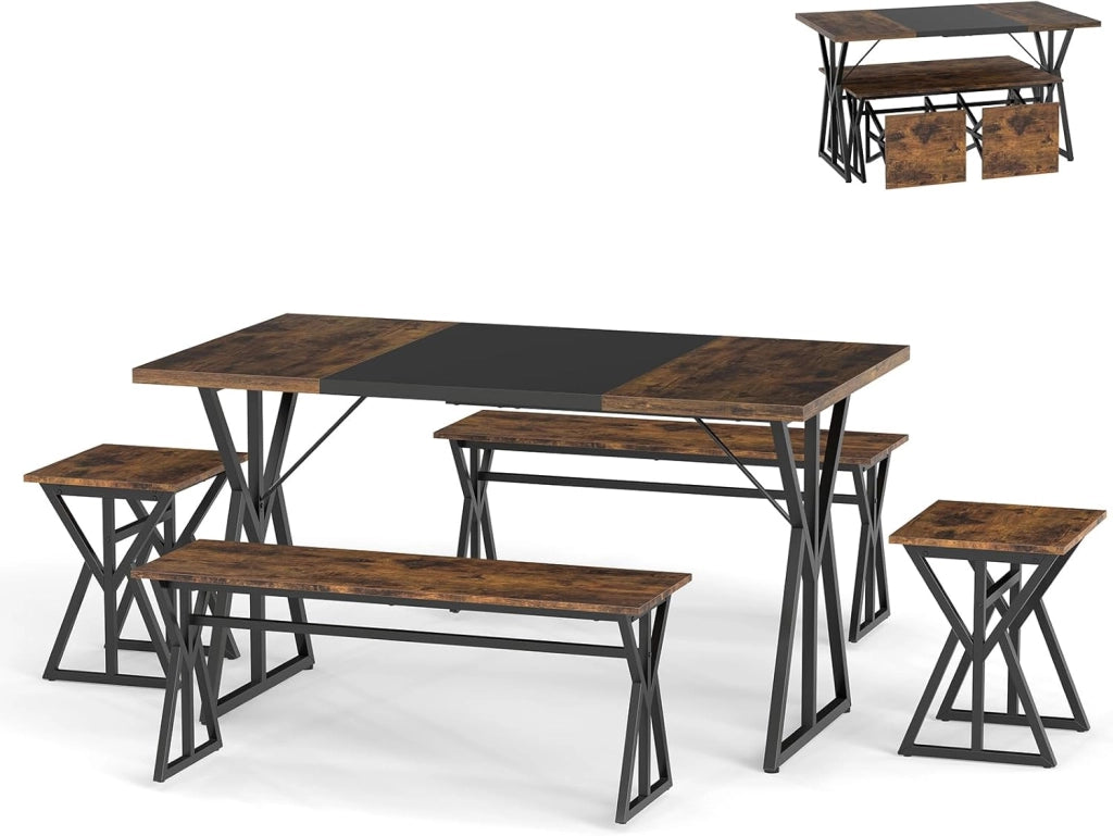 Set da Pranzo 5 Pezzi per 4-6 Persone, Tavoloda Cucina Rettangolare Industriale con 2 Panche e 2 Sgabelli, Set Pranzo Salvaspazio con Struttura in Metallo per Appartamento e Angolo Colazione