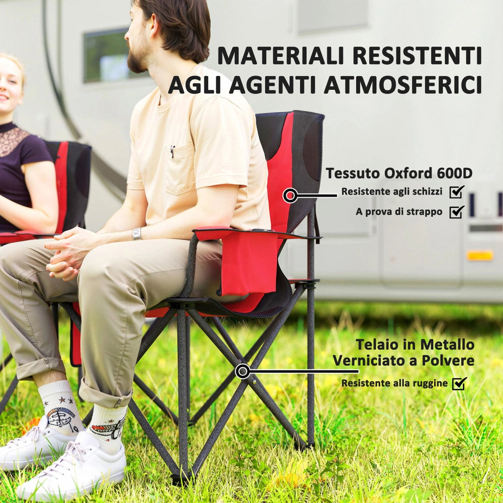 Set 2 Sedie da Campeggio Pieghevoli 94x62x100 cm con Borsa Frigo Integrata Rosso