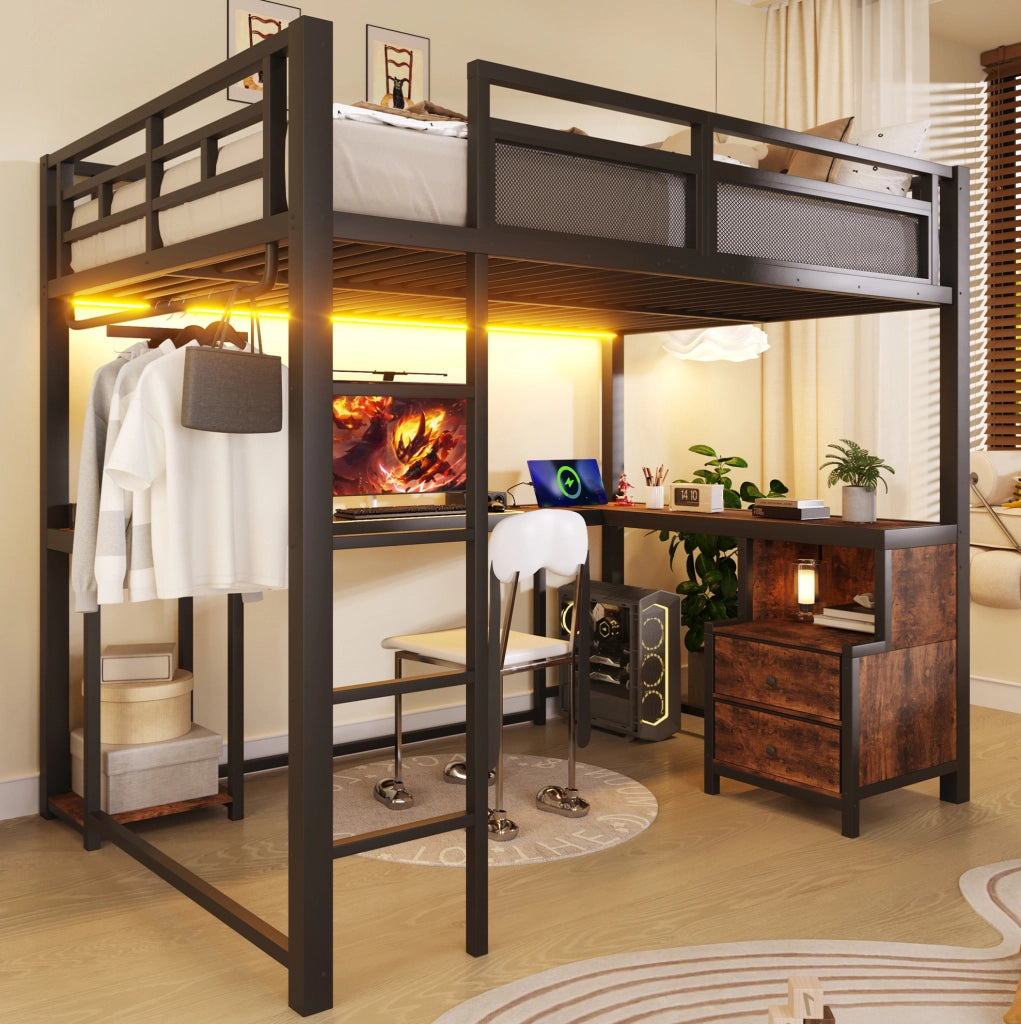 Letto a soppalco 140x200 in metallo con scrivania, LED e USB