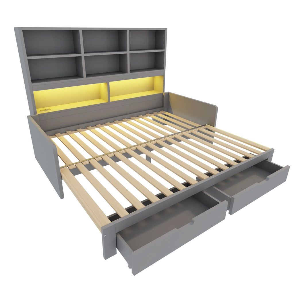 Letto divano estensibile 90x200/180x200 cm con LED; USB; cassetti e ripiani aperti; legno grigio