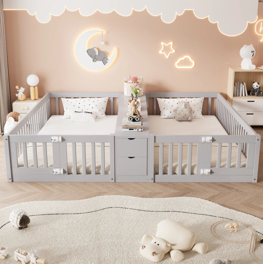 Letto doppio per bambini 90x200 cm con cassetti, grigio